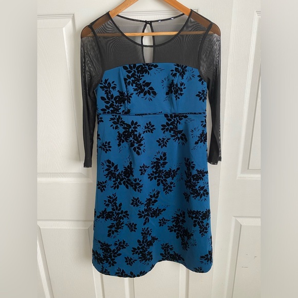 Maternity Blue Formal Dress w Black Velvet Florals & Black Mesh Neckline Medium - Picture 2 of 11